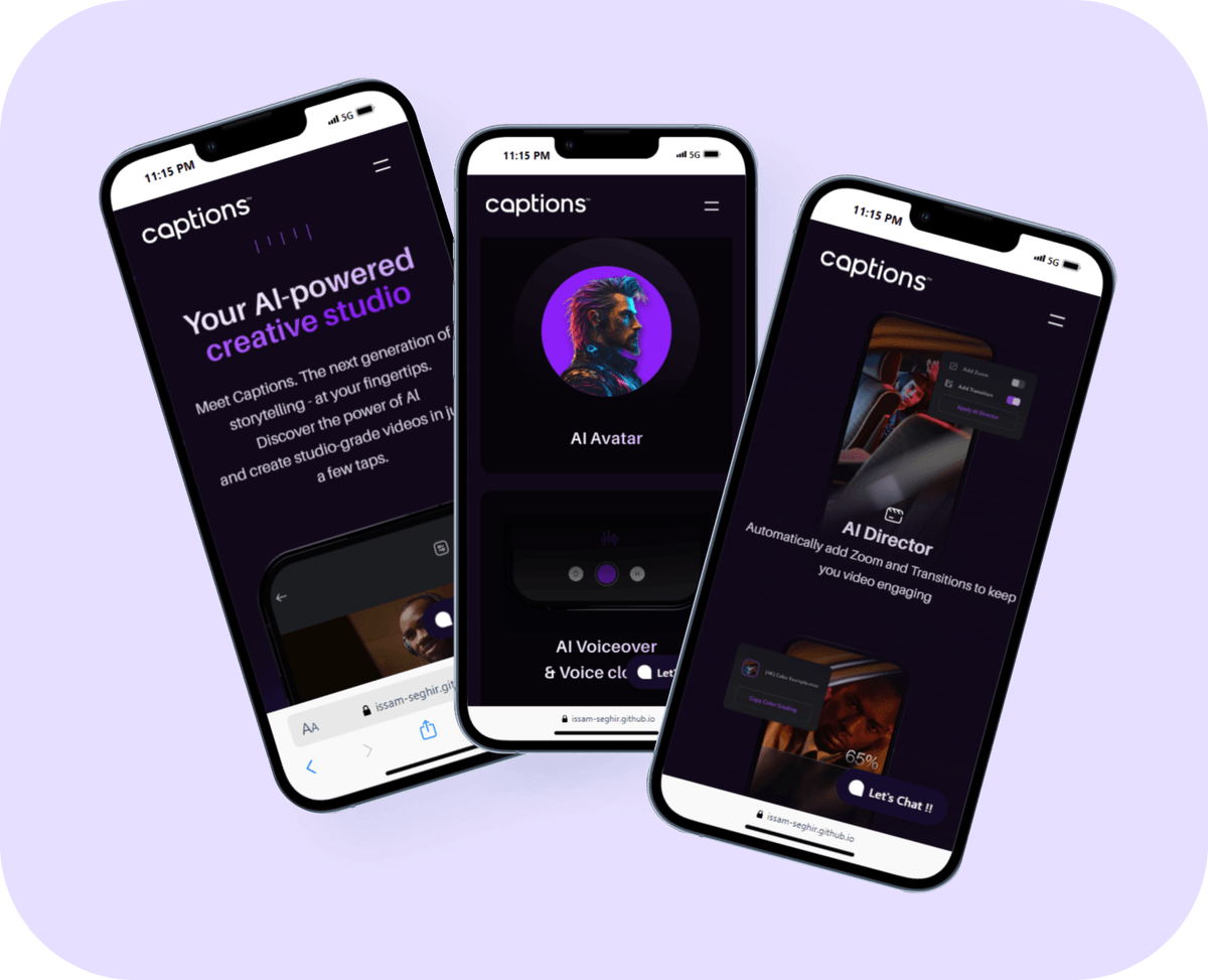 Captions AI landing — mobile mockup