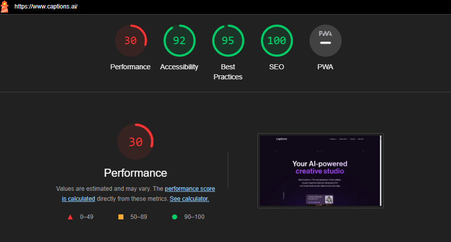 Lighthouse report screenshot for the original Captions.ai marketing site